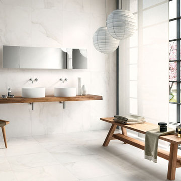 Modern white bathroom with matte marble look tiles