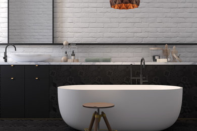 Imagen de cuarto de baño principal moderno grande con bañera exenta, lavabo sobreencimera y encimera de mármol
