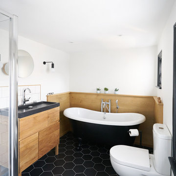 Monochrome family bathroom with Scandi-style and black detailing