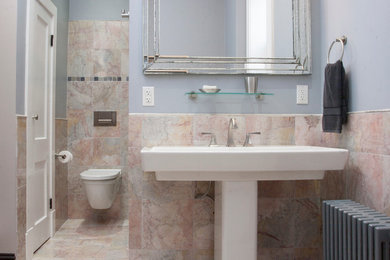 Inspiration for a mid-sized contemporary master multicolored tile and porcelain tile marble floor bathroom remodel in St Louis with a pedestal sink, a wall-mount toilet and gray walls