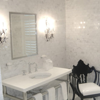 Large eclectic master white tile and subway tile mosaic tile floor bathroom photo in New York with open cabinets, white walls, a console sink, quartz countertops and a two-piece toilet