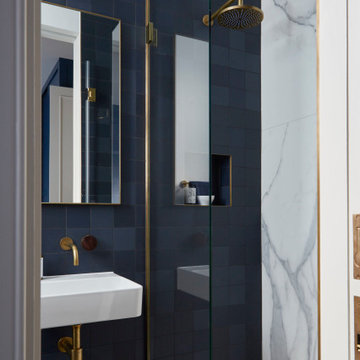 Moody blue bathroom design
