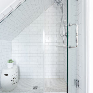 Small transitional 3/4 white tile and subway tile mosaic tile floor, white floor, single-sink, wood ceiling and wood wall corner shower photo in Philadelphia with white cabinets, a two-piece toilet, gray walls, a pedestal sink, a hinged shower door, white countertops and a freestanding vanity