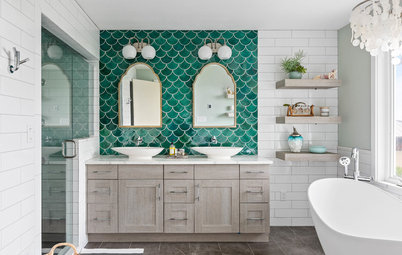 Green Mermaid Tile and a New Layout Boost a Dated Pink Bathroom