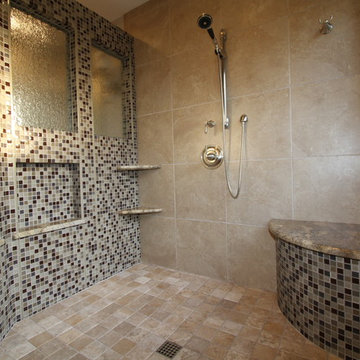 Mosaic Tile in Large Shower with Niches and Shelves