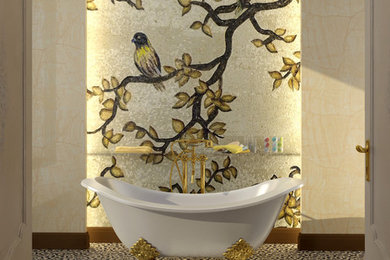 Foto de cuarto de baño principal contemporáneo de tamaño medio con baldosas y/o azulejos beige, baldosas y/o azulejos en mosaico y paredes beige