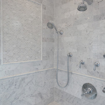 Mosaic wall tile and shower controls