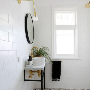 Inspiration for a transitional bathroom in Sydney with a curbless shower, white tile, subway tile, white walls, a vessel sink, multi-coloured floor, an open shower and white benchtops.