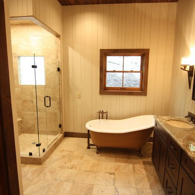 Large mountain style master bathroom photo in Charlotte with an undermount sink