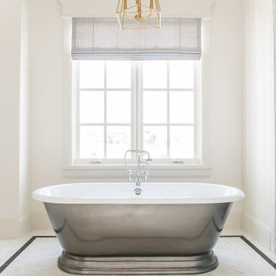 Bathroom - mid-sized traditional master white tile and marble tile marble floor and white floor bathroom idea in Salt Lake City with recessed-panel cabinets, beige cabinets, white walls, an integrated sink, marble countertops, a hinged shower door and white countertops