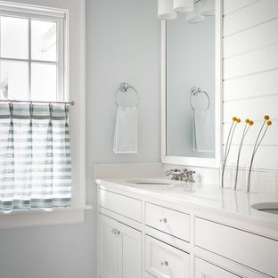 Beach style kids' ceramic tile and white floor bathroom photo in Atlanta with white cabinets, an undermount sink, quartz countertops, white countertops, beaded inset cabinets and gray walls