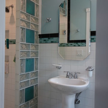 Multi patterned glass block shower wall with color in San Diego California