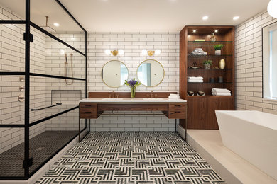 Example of a 1960s master white tile and ceramic tile multicolored floor freestanding bathtub design in Vancouver with white countertops, dark wood cabinets, quartz countertops and a drop-in sink