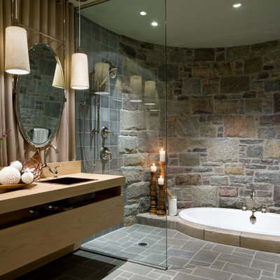 Inspiration for a timeless gray tile bathroom remodel in Other with a drop-in sink