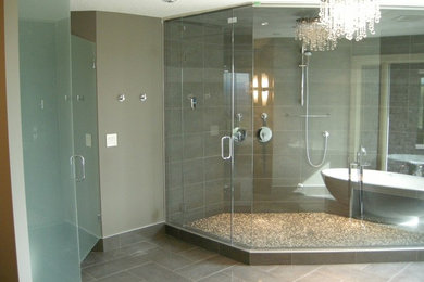 Example of a mid-sized classic 3/4 gray tile and glass tile ceramic tile bathroom design in Calgary with gray walls