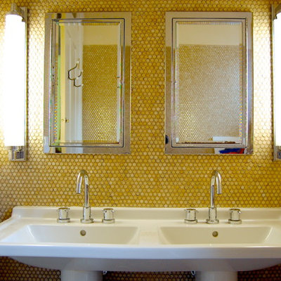 Inspiration for a transitional yellow tile bathroom remodel in New York with a pedestal sink and yellow walls