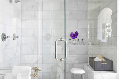 Alcove shower - mid-sized traditional master white tile and marble tile marble floor and white floor alcove shower idea in New York with white walls and a hinged shower door