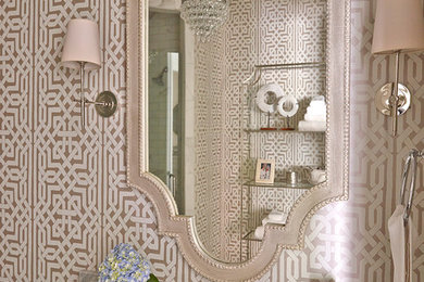 Inspiration for a mid-sized eclectic master corner shower remodel in Charlotte with a one-piece toilet, multicolored walls, an undermount sink and granite countertops