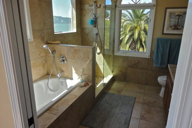 Mid-sized beach style beige tile bathroom photo in Sacramento