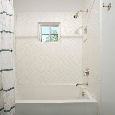 Inspiration for a timeless white tile and subway tile mosaic tile floor bathroom remodel in DC Metro with white walls