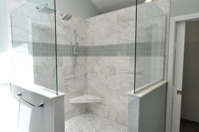 Inspiration for a large transitional master gray floor bathroom remodel in Chicago with shaker cabinets, white cabinets, a one-piece toilet, blue walls, an undermount sink and white countertops