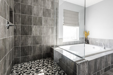 Bathroom - large transitional master gray tile gray floor and double-sink bathroom idea in Baltimore with white cabinets, granite countertops, multicolored countertops and a built-in vanity