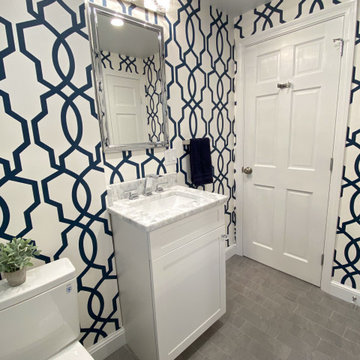 Navy Blue and White Powder Room in Woburn MA