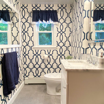 Navy Blue and White Powder Room in Woburn MA