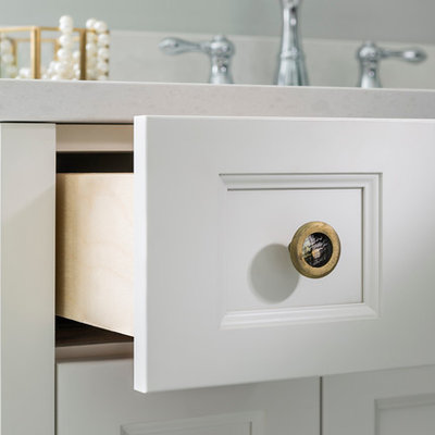 Example of a large classic master white tile and stone tile marble floor bathroom design in Minneapolis with recessed-panel cabinets, white cabinets, quartz countertops, gray walls and a console sink