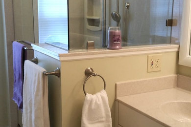 Foto de cuarto de baño principal clásico renovado de tamaño medio con armarios con paneles lisos, puertas de armario blancas, paredes verdes, lavabo integrado y encimera de acrílico