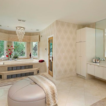 Neutral Master Bath with Flat-Panel Cabinets, Chandelier and Platform Tub