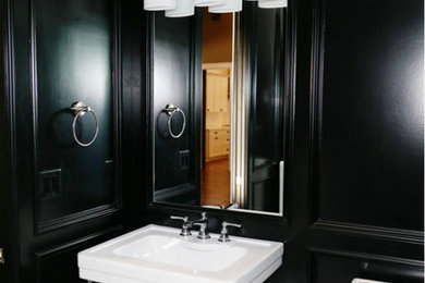 Bathroom - small transitional black and white tile vinyl floor bathroom idea in Other with black walls, a pedestal sink and a two-piece toilet