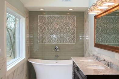 Freestanding bathtub - mid-sized eclectic master green tile and subway tile marble floor freestanding bathtub idea in Atlanta with beaded inset cabinets, black cabinets, gray walls and an undermount sink