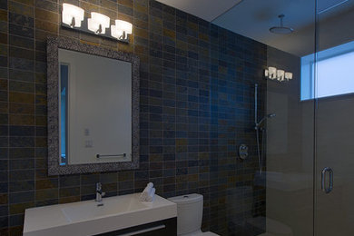 Example of a minimalist porcelain tile bathroom design in Toronto with a console sink, a two-piece toilet and brown walls