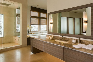 Large trendy master bathroom photo in Denver with flat-panel cabinets, dark wood cabinets, beige walls, an undermount sink and granite countertops