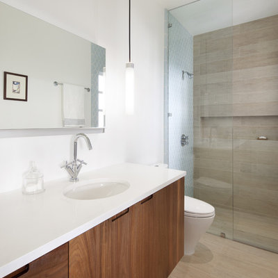 Walk-in shower - mid-sized contemporary master porcelain tile porcelain tile walk-in shower idea in San Francisco with flat-panel cabinets, medium tone wood cabinets, an undermount sink, a hinged shower door and a floating vanity