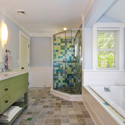 Mid-sized elegant master blue tile, green tile and porcelain tile ceramic tile and multicolored floor bathroom photo in New York with an undermount sink, shaker cabinets, green cabinets, blue walls and marble countertops