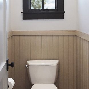 Design ideas for a large transitional master bathroom in Phoenix with furniture-like cabinets, beige cabinets, a freestanding tub, a double shower, white tile, subway tile, white walls, cement tiles, an undermount sink, engineered quartz benchtops, multi-coloured floor, a hinged shower door, grey benchtops, an enclosed toilet, a double vanity, a built-in vanity and wood walls.