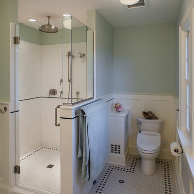 Small arts and crafts master black and white tile and subway tile mosaic tile floor double shower photo in Portland with a two-piece toilet and green walls