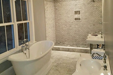 Mid-sized transitional master multicolored tile and marble tile marble floor and multicolored floor bathroom photo in Other with gray walls and a console sink