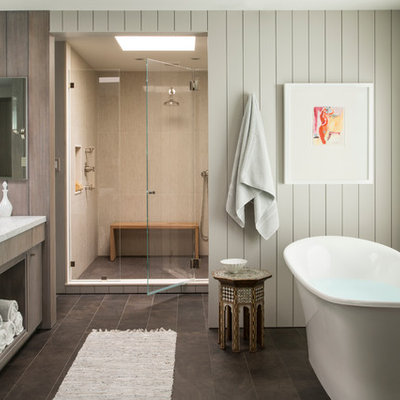 Bathroom - large transitional beige tile brown floor bathroom idea in San Francisco with an undermount sink, flat-panel cabinets, dark wood cabinets and white walls