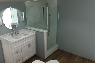 Small transitional white tile and porcelain tile porcelain tile and brown floor corner shower photo in Other with shaker cabinets, white cabinets, a one-piece toilet, gray walls, an undermount sink, quartz countertops, a hinged shower door and white countertops