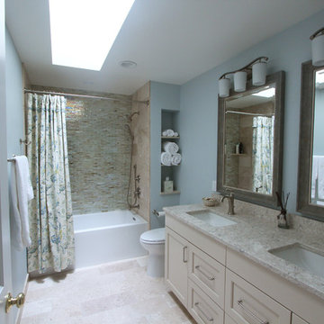 Off White Cabinets with Glass Tile in Guest Bathroom