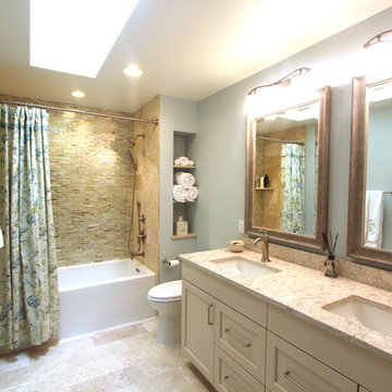 Off White Cabinets with Glass Tile in Guest Bathroom