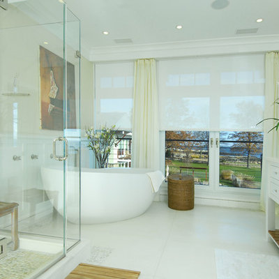 Eclectic white tile bathroom photo in New York with an undermount sink, furniture-like cabinets and white cabinets