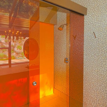 Old Ranch Road Reveals the Seed Tile Golden Lit Shower Doors