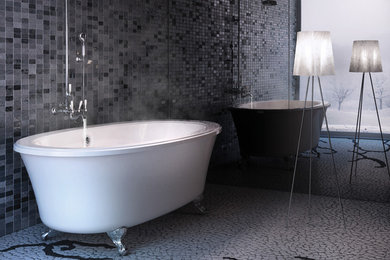 Modelo de cuarto de baño principal moderno de tamaño medio con bañera con patas, baldosas y/o azulejos negros, baldosas y/o azulejos grises, baldosas y/o azulejos en mosaico, paredes negras, suelo de baldosas tipo guijarro y suelo gris