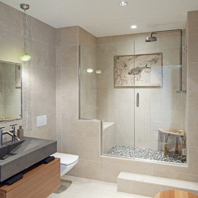 Inspiration for a contemporary alcove shower remodel in Denver with an integrated sink
