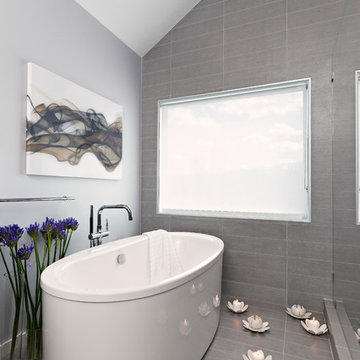 Open Contemporary Bath with Walnut Vanity and Hidden Storage