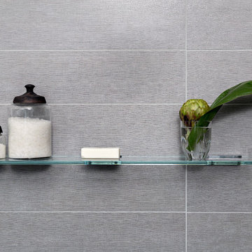 Open Contemporary Bath with Walnut Vanity and Hidden Storage